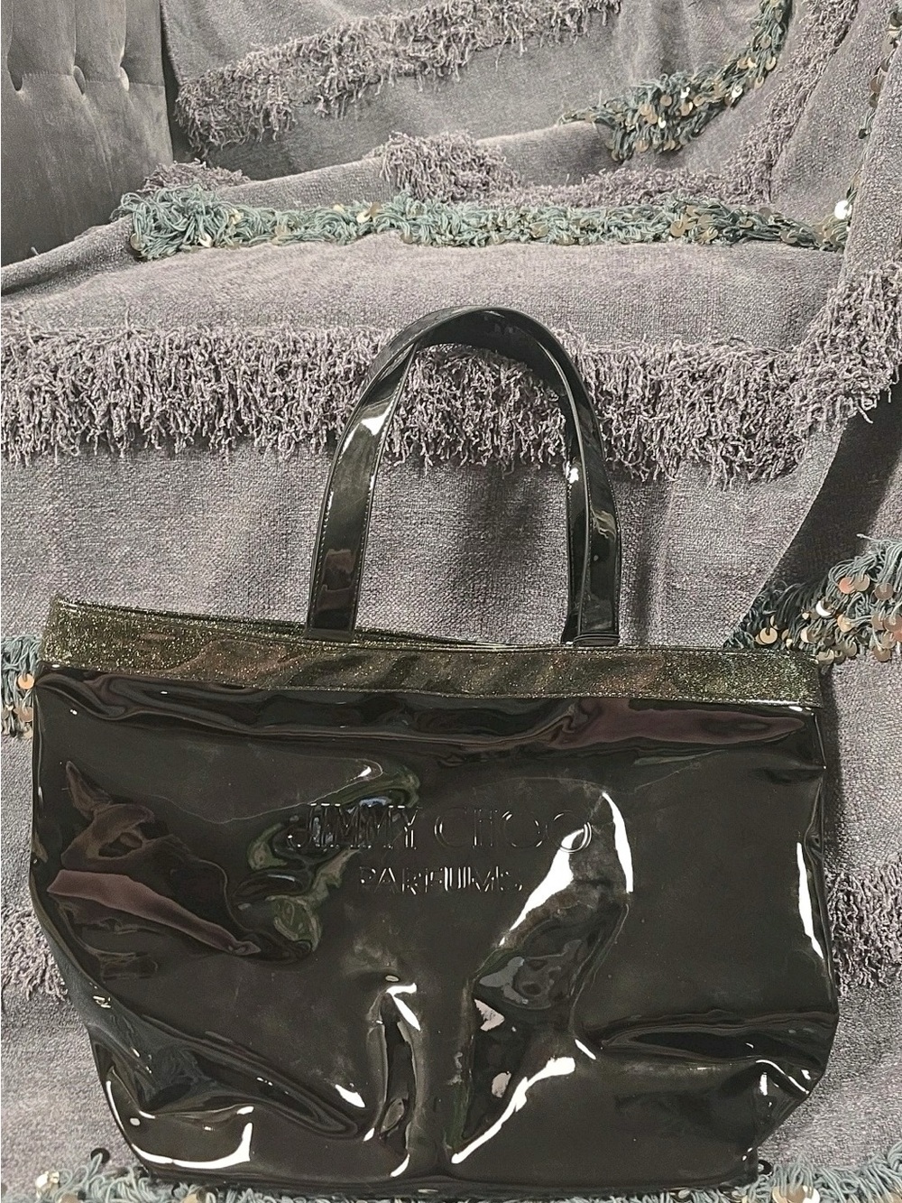 Source Unknown Black Patent Tote with Green Trim